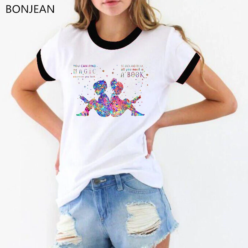 Watercolor reader kids print t shirt women harajuku kawaii tee femme white o-neck short sleeve t-shirt female streetwear | Женская