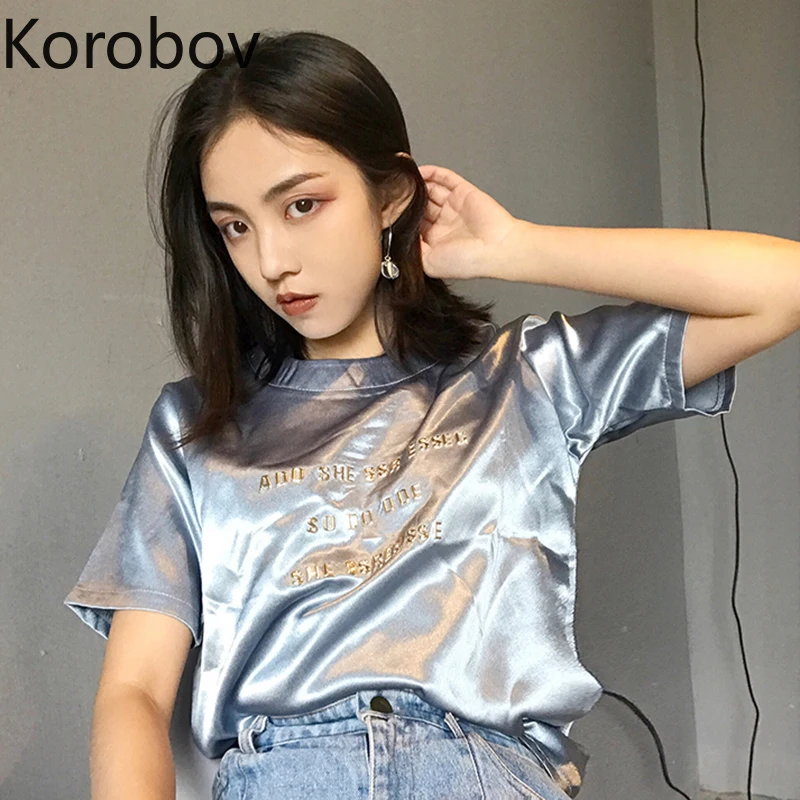 Женская футболка с буквами Korobov винтажная Блестящая круглым вырезом и коротким