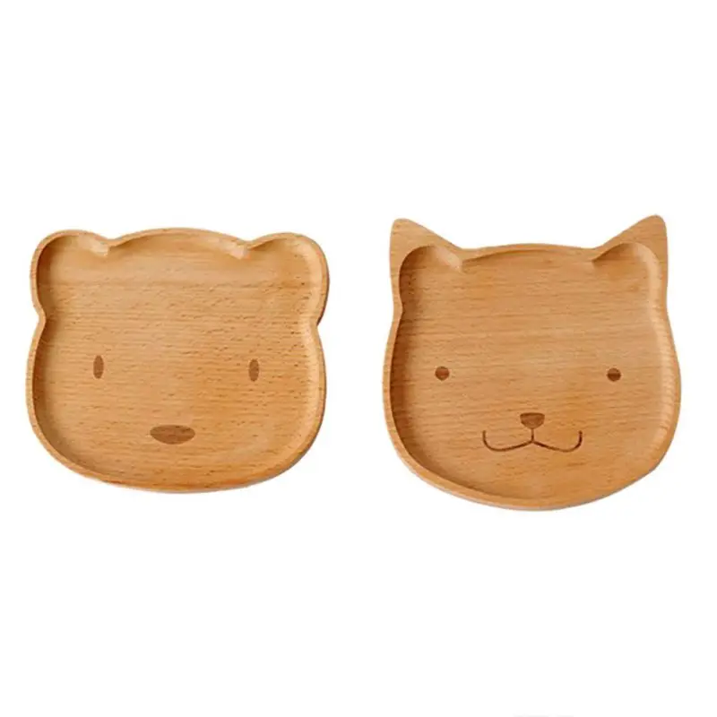 Тарелка из цельного дерева с мультяшным котенком и медведем деревянный поднос