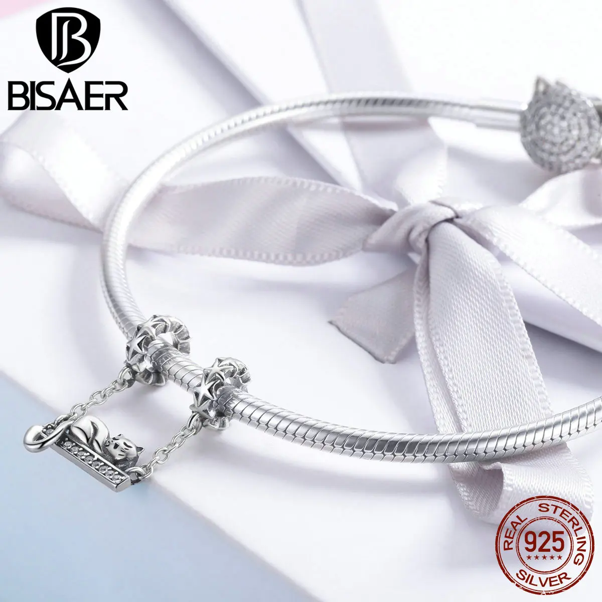 BISAER 925 пробы Серебряный спящий Кот Подвески светящиеся звезды бусины подходят для очаровательных браслетов подлинное Серебро 925 Изготовление ювелирных изделий