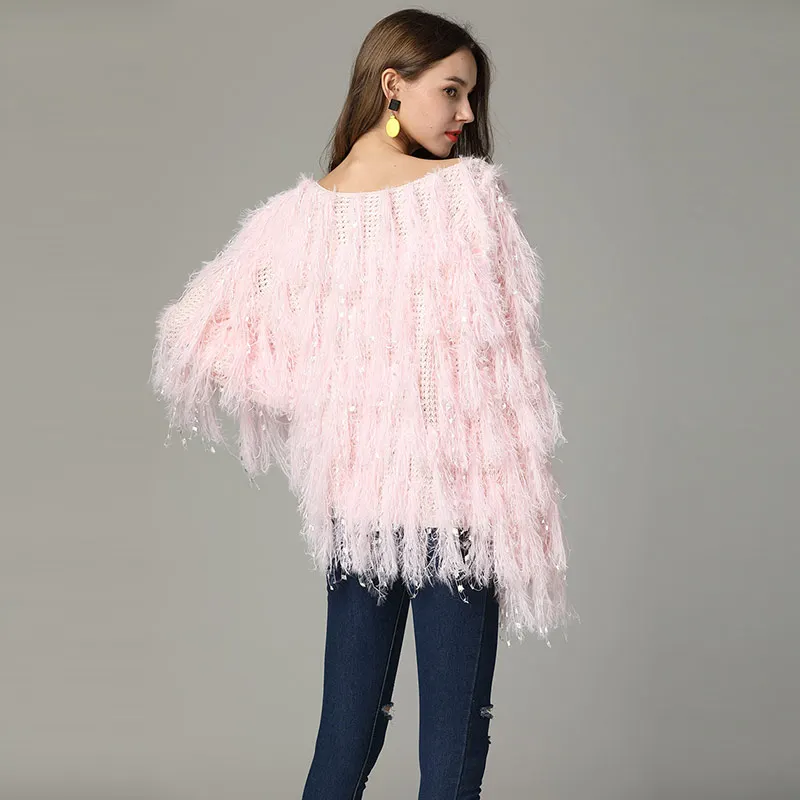 Willstage Winter Pink Sweater Women Feather Long Sleeve Tassel Pullovers Elegant O neck Knitted Tops 2019 Autumn Clothes Female | Женская