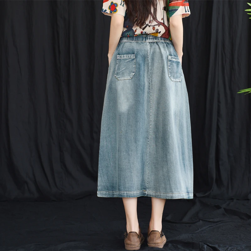 Летняя юбка в стиле ретро Женская длинная джинсовая с эластичной резинкой на