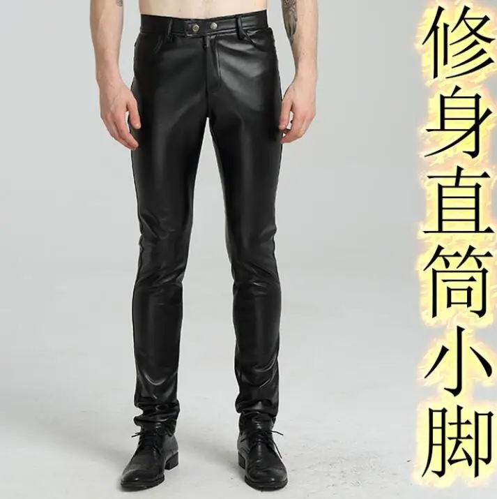 Splice korean fashion motorcycle faux leather pants mens feet pants velvet pu trousers for men pantalon homme black