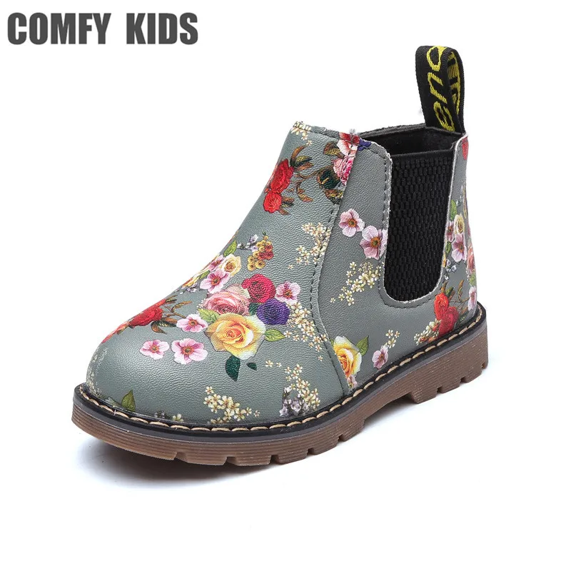 Удобные детские модные цветочные технические ботинки для девочек на плоской