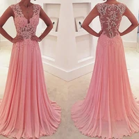 superkimjo pink prom dresses 2019 cheap chiffon lace applique sleeveless prom gown vestido de festa robe de soiree