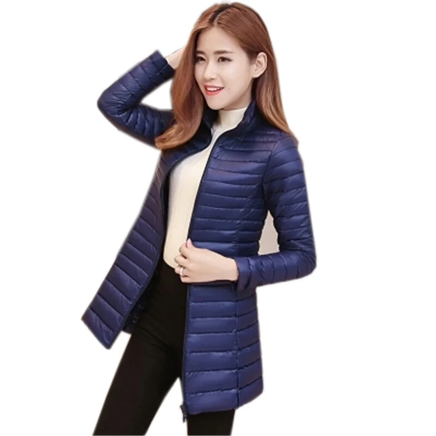 Женский пуховик средней длины с воротником-стойкой белый тонкий большого