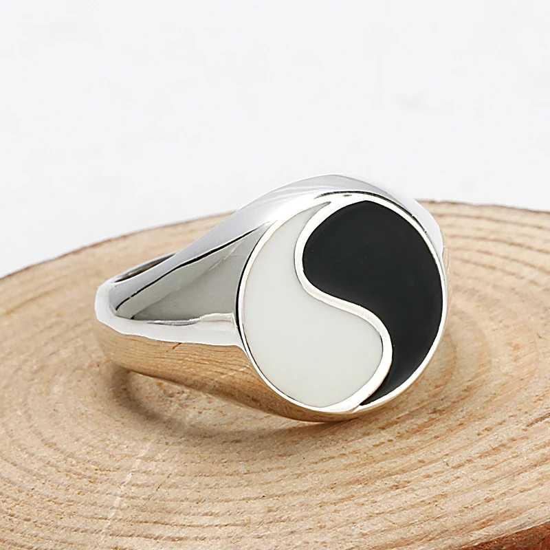 Эпоксидные кольца Tai chi Yin Yang мужские антикварные эмалированные серебряные с