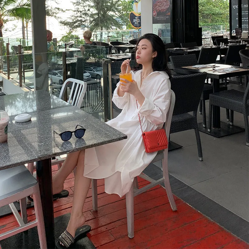 Женское Хлопковое платье-рубашка VM белое однобортное длинное платье большого