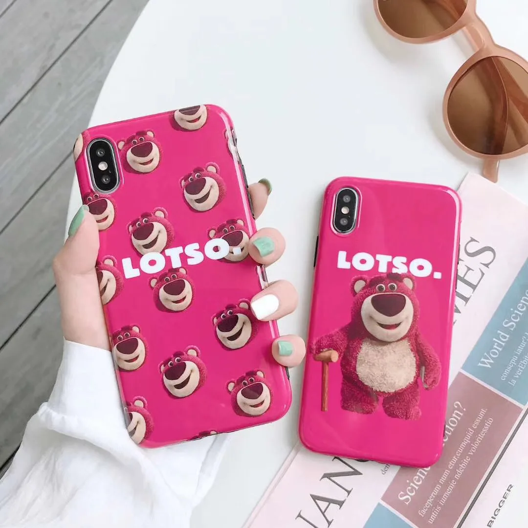 Lotso Toy Story Cute Cartoon Strawberry bear case for Apple iphone X XS Max Xr 8 7 6 6s Plus Glossy silicone doll Cover |