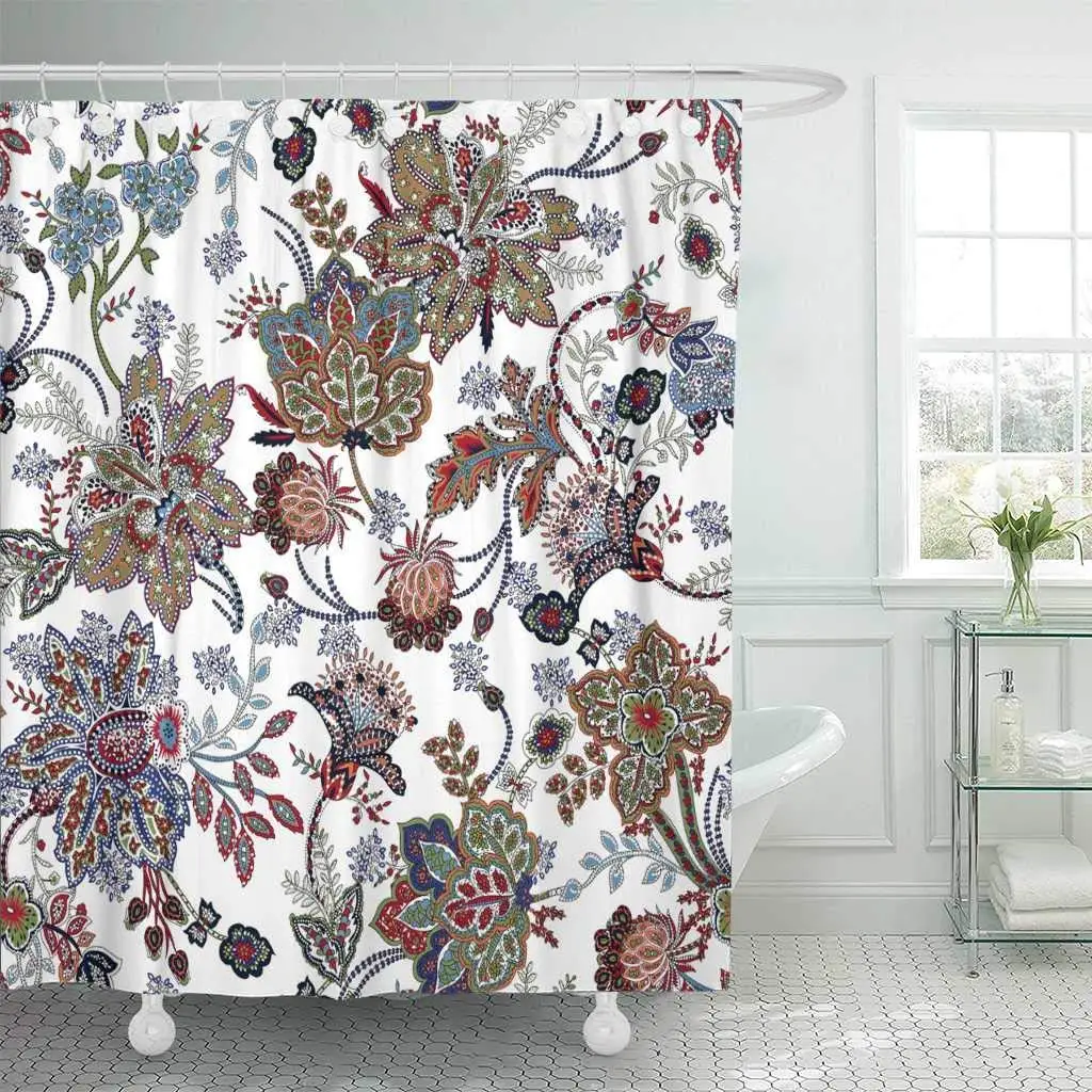Тканевые занавески для душа с крючками синие этнические Акварельные Цветы