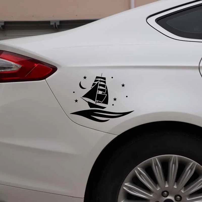 YJZT 16.4CM*12.3CM Boat Ocean Sea With The Stars And Moon Vinly Decal Decor Art Car Sticker Black/Silver C27-0413 | Автомобили и