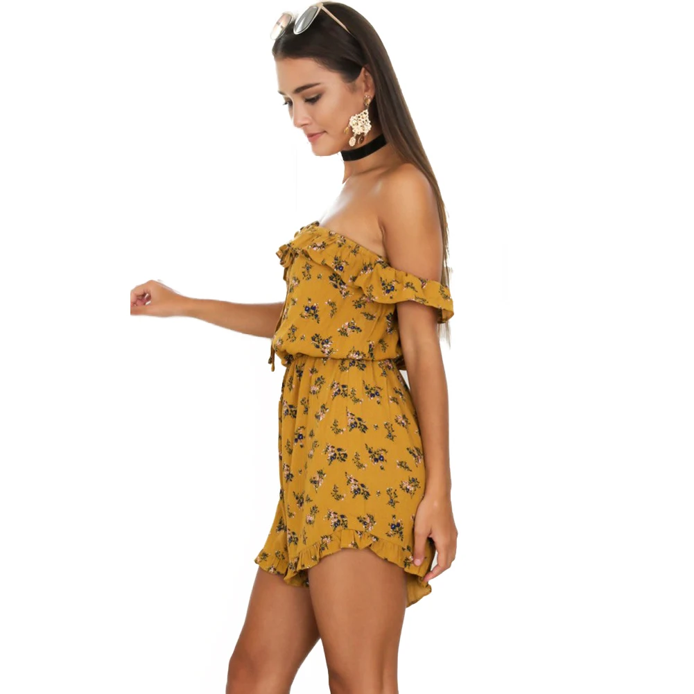Женский комбидресс с цветочным принтом элегантный желтый вырезом лодочкой