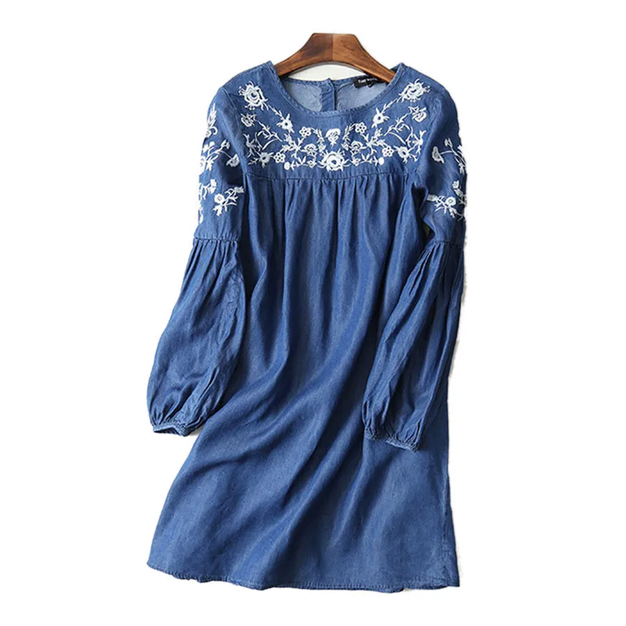 Женское джинсовое платье с вышивкой этническое Повседневное рубашка круглым