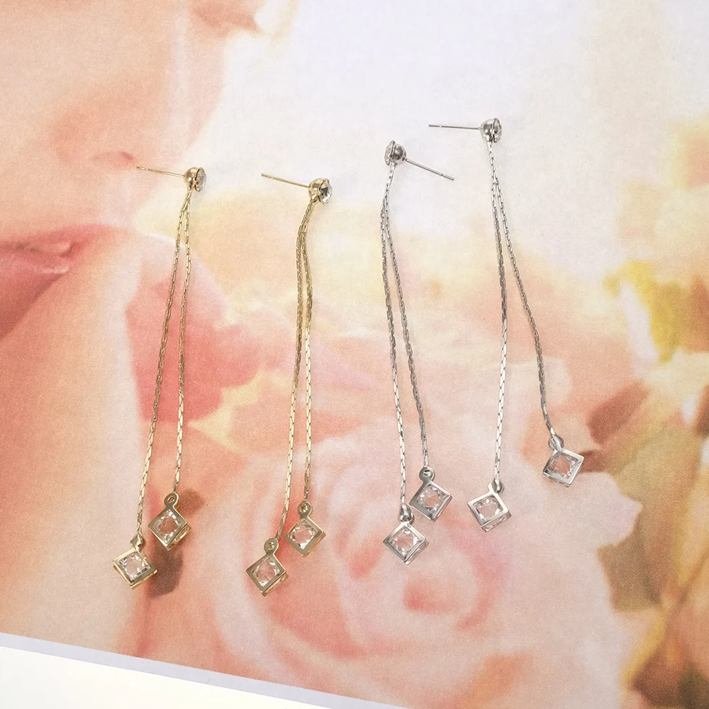 Square Gold Silver Color long Dangle Tassel Earring Stainless Steel Needle Rhinestone Women Ear Jewelry | Украшения и аксессуары