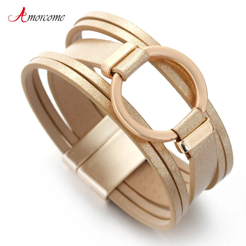 

Amorcome Women's Wrap Bracelet Big Circle Charm Leather Bracelet Layered Stacking Stackable Ladies Multi Layer Jewelry