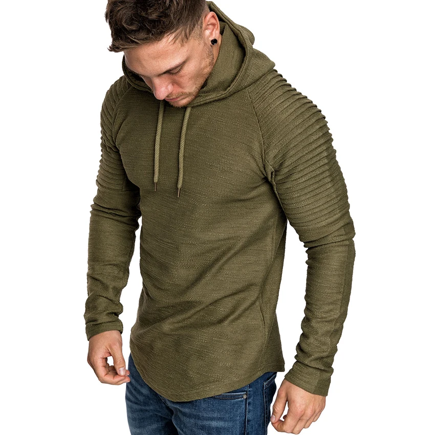 

Male Curve Hem Hooded Solid Pleated Sleeve Hoodies Men Longline Swag Hem Hip Hop Tops Long Sleeve Slim Hoodies Streetwear Hooded