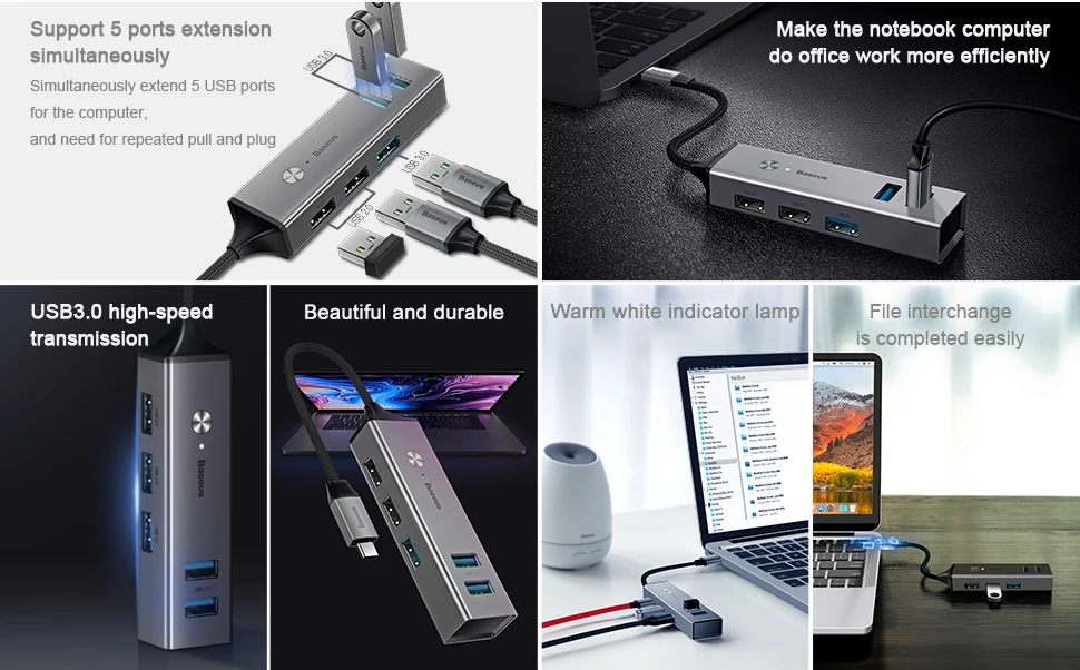 Baseus Мульти USB 3,0 2,0 USB C концентратор Тип C концентратор 5 Порты и разъёмы концентратор USB type C адаптер с индикатором светильник для Macbook Pro ноутбук компьютер