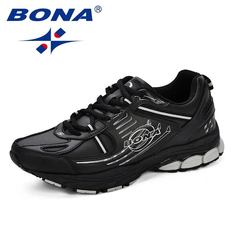 BLACK SLIVER GREY BONA Мужская Новая модная спортивная обувь, мужские уличные амортизирующие кроссовки, спилок, кожа, дышащая обувь для бега, прогулочная обувь - Цвет: BLACK SLIVER GREY