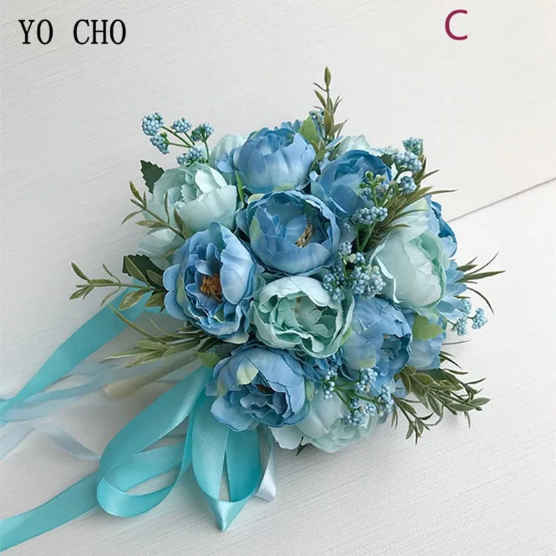 A-blue YO CHO Свадебный букет невесты, букет невесты, свадебные принадлежности, искусственный шелк, роза, пион, розовый цветок, украшение стола - Цвет: A-blue