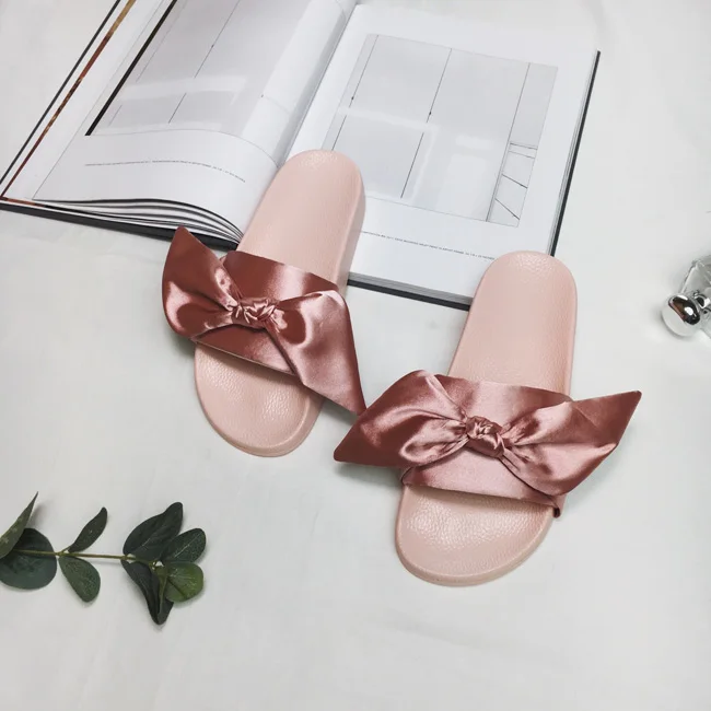 Женские дизайнерские сандалии с шелковым бантом летние розовые шлепанцы на