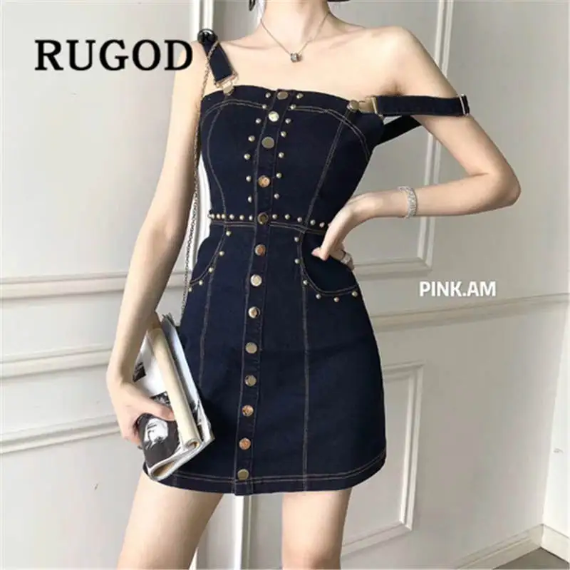 RUGOD однобортное джинсовое платье 2019 Новое поступление Высокая талия тонкий