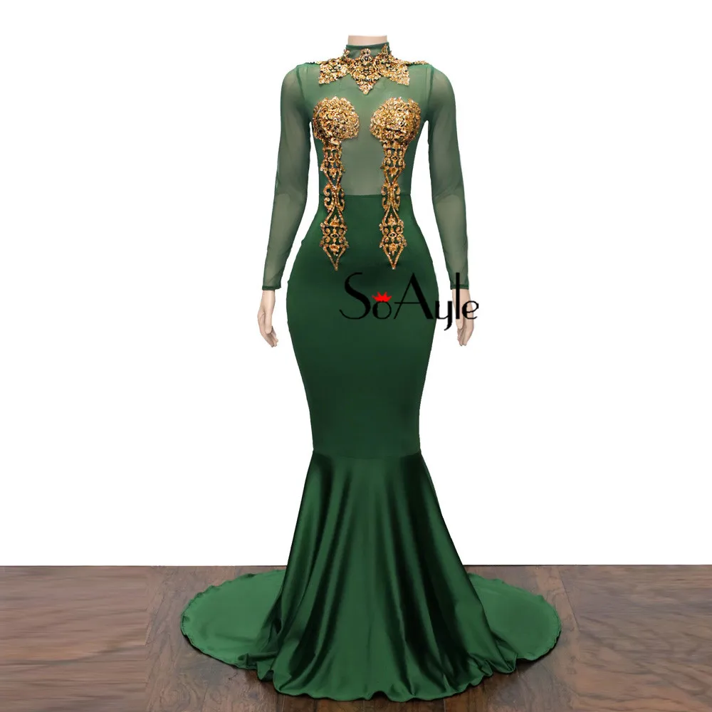 SoAyle Длинные Выпускные платья большие размеры африканская мода Платья Vestidos de festa Русалка Зеленый Расшитое Бисером Вечерние