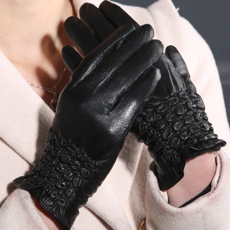 Женские кожаные перчатки женские зимние модные из овчины черные 2018|women's black leather