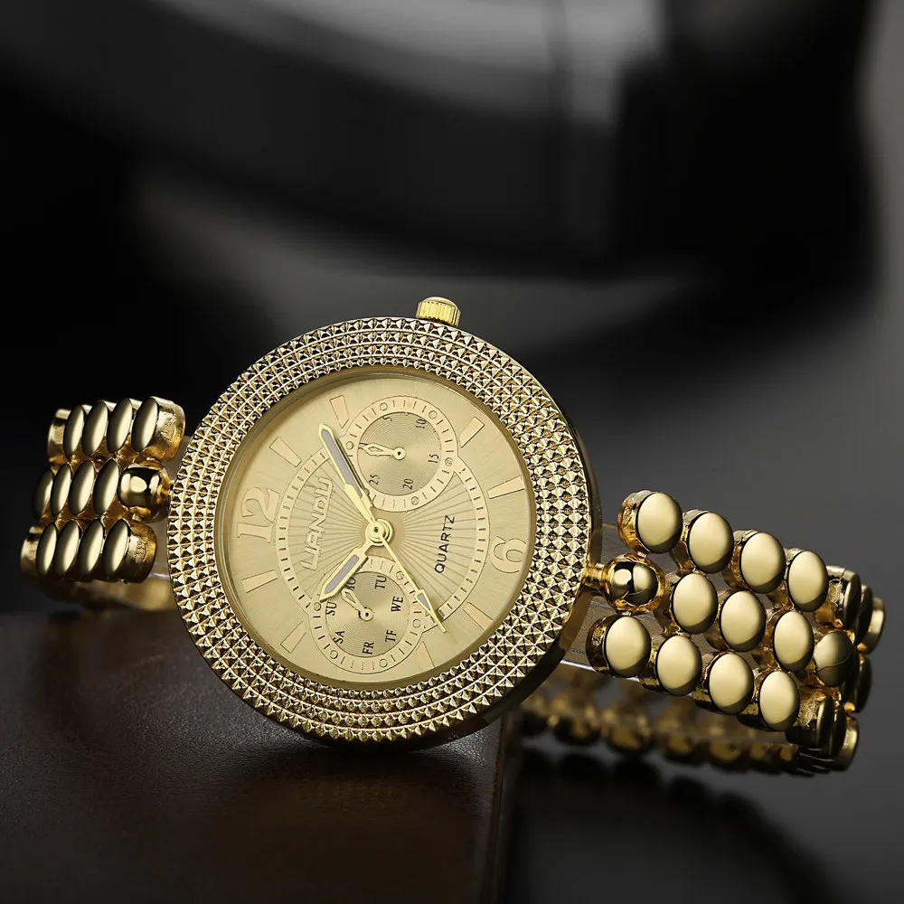 LIANDU Новый Мода Дамы Роскошные Золотые Кварцевые Наручные Часы Женщины браслеты