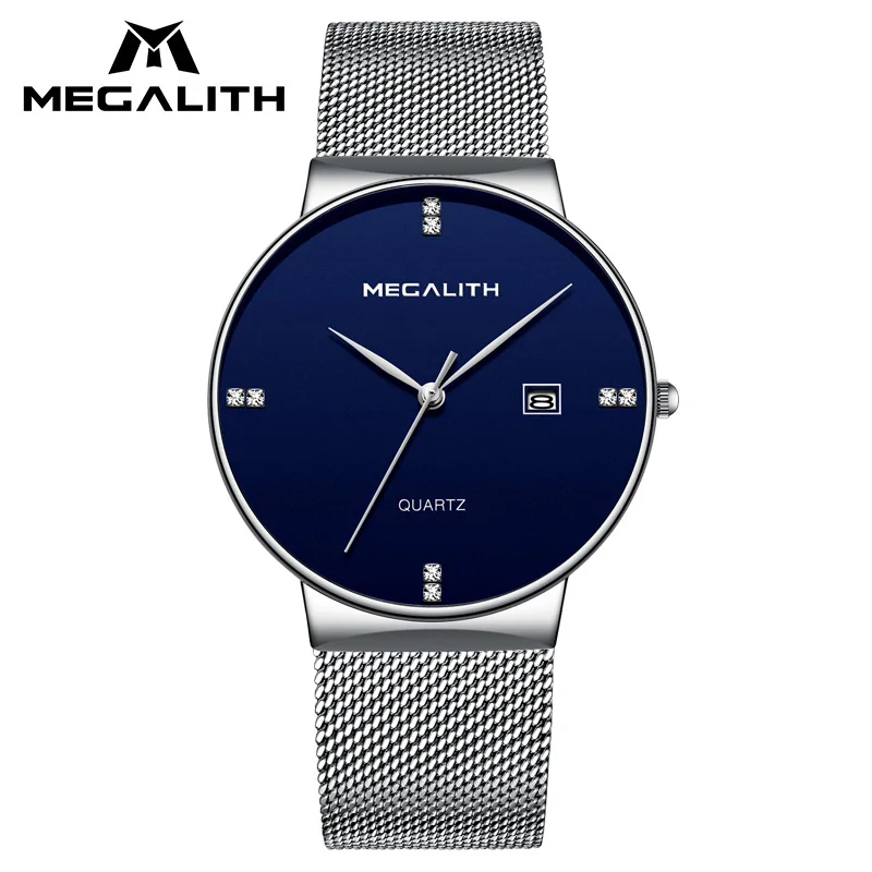 0047-3silver blue MEGALITH мужские часы 9,99$ спортивные водонепроницаемые светящиеся кварцевые часы стальной сетчатый ремешок наручные часы Мужские часы цена 0047 - Цвет: 0047-3silver blue
