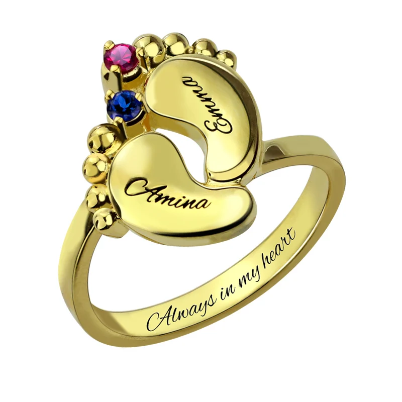 gold color Amxiu, 925 пробы, серебряные Детские Кольца для ног, для женщин, мам, специальные подарки, на заказ, два имени, кольцо с камнем рождения, аксессуары - Цвет основного камня: gold color