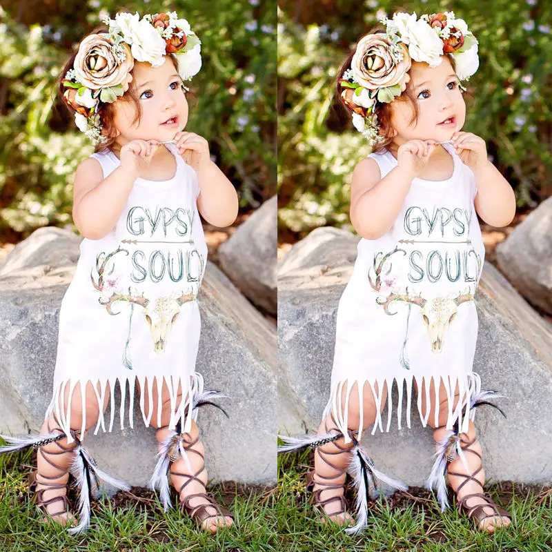 Новое летнее платье для маленьких девочек цветочное с бахромой белое