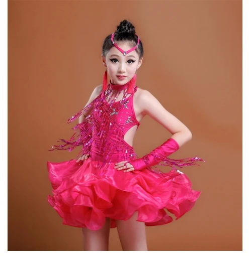 

New Sale Junior Child Kids Girls Latin Dance Costumes Sequin Fringe Latin Dance Dress Bachata Latin Salsa Dresses