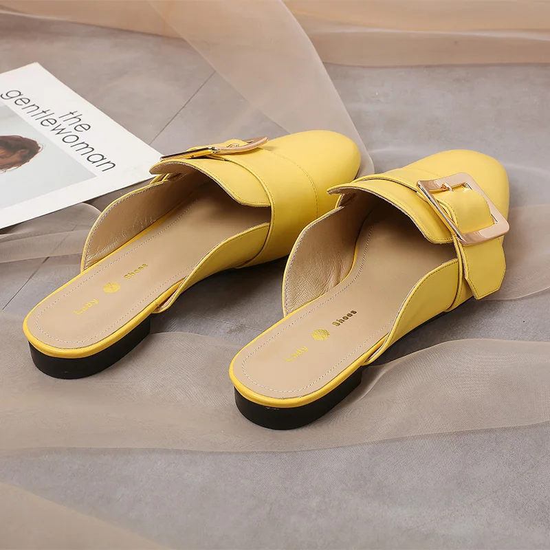 Женская мода пряжки для тапочек пояса из натуральной кожи женщин шлёпанцы