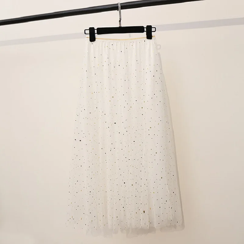 2019 NEW Women Pleated Skirts In Summer Star Sequined Tulle Skirt 3 layers Lurex High Waist A Line skirt | Женская одежда