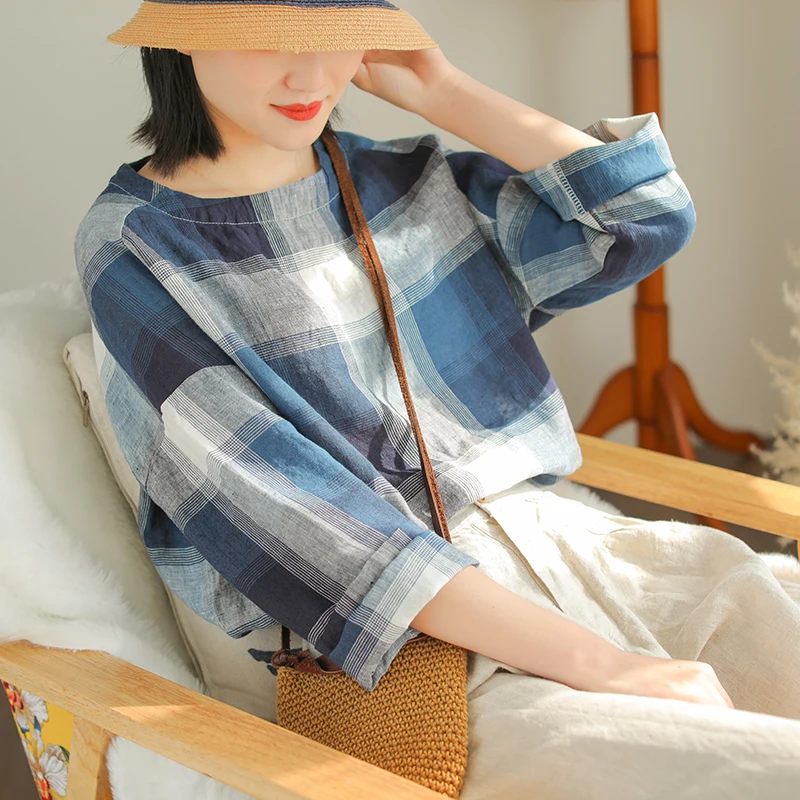 Loose плед o-образным вырезом Женская футболка Дом женщин |