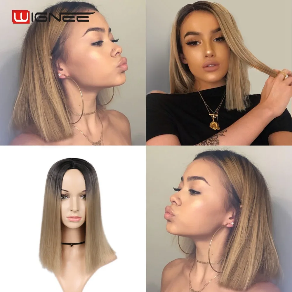 Wignee 2 тона Ombre розовые короткие прямые волосы синтетические парики для черных женщин высокая плотность натуральные волосы мягкие модные парик
