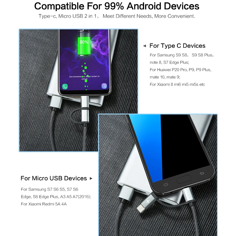 FLOVEME Micro USB/Type C 2 в 1 кабель для быстрой зарядки и синхронизации данных Samsung Huawei