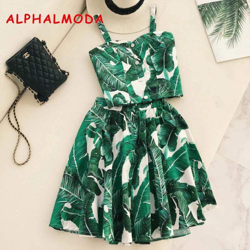 ALPHALMODA, Ретро стиль, с принтом вишни, в горошек, укороченный топ, юбка, комплект одежды из 2 предметов, однобортный Топ на бретелях, эластичная резинка на талии, трапециевидная юбка, костюмы