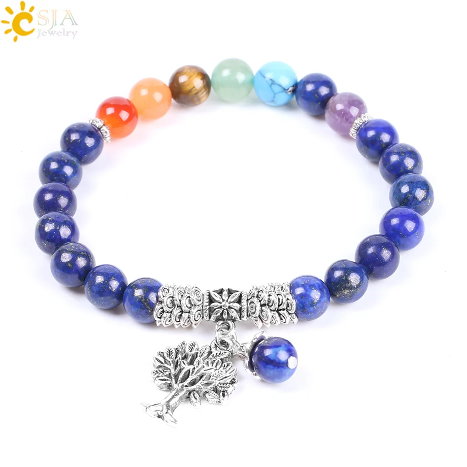 CSJA браслеты с бусинами из натурального камня Lapis Lazuli 7 Чакра рейки эластичная