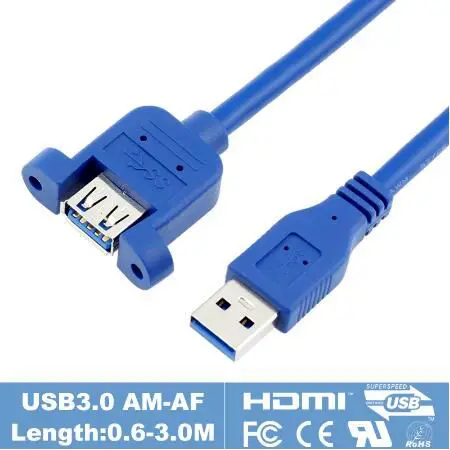 

USB 3.0 Extension Cable with Embedded Nuts Panel Mount screw Holes 30cm 60cm 100cm 150cm 180cm 300cm 1ft 2ft 3ft 5ft 6ft 10ft