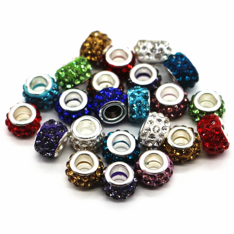 12mm Silver Color Cord Big Hole With Rhinestone Loose Beads Fit European Jewelry Bracelet Charms DIY 100pcs/lot | Украшения и