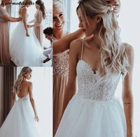 boho wedding dresses 2021 backless lace appliques pearls spaghetti straps a line beach bridal gowns robe de mariee cheap