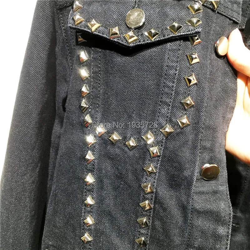 Женская джинсовая куртка с заклепками черная Повседневная в стиле панк рок Осень