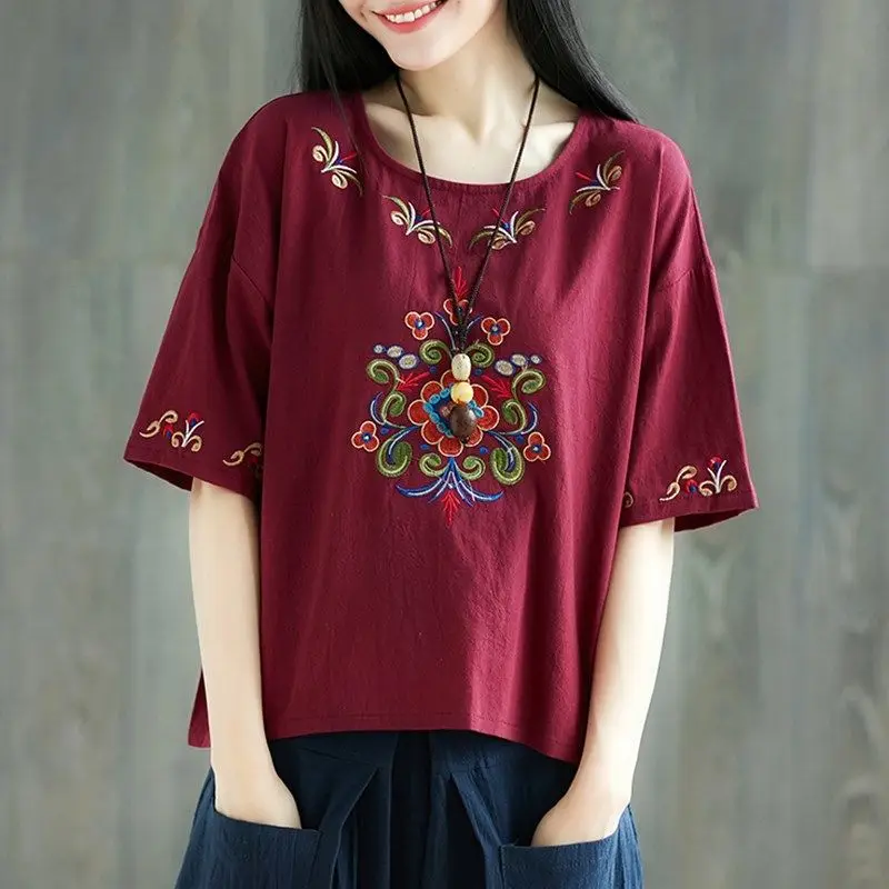 Женские летние топы в этническом стиле свободная футболка с коротким рукавом и