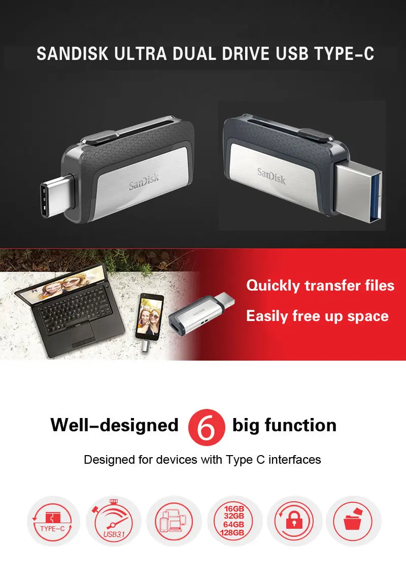 SanDisk Ultra Dual Drive USB 3,1 type-C 256GB 128G 64G 32G Многофункциональный USB флеш-накопитель для смартфонов/планшетов/компьютеров
