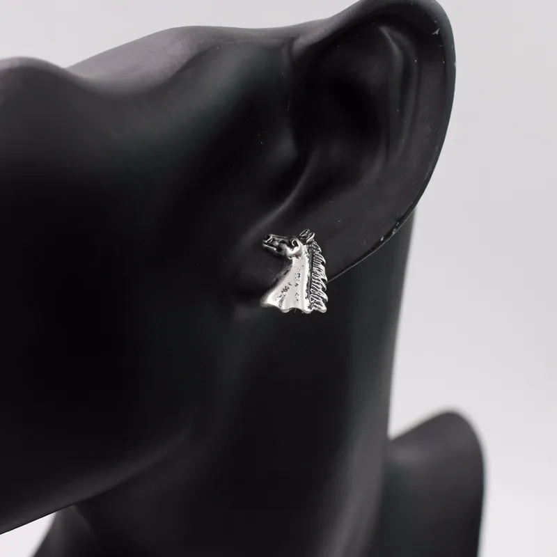 Винтажные посеребренные серьги гвоздики с рисунком головы лошади для женщин