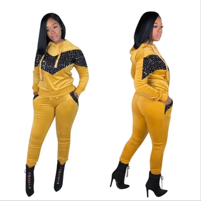 2018 Красочные Блестки Лоскутные Бархатные женские спортивные костюмы с длинным