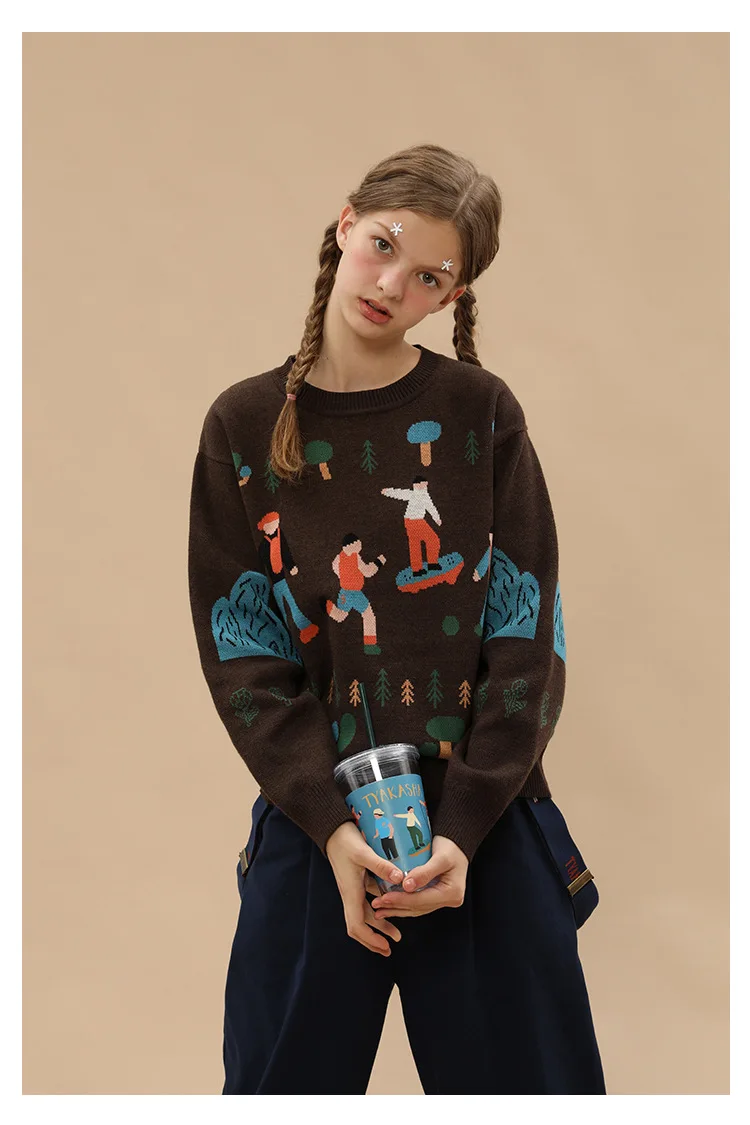 Озорной игривый дизайн жаккард женский 2018 свитер Пуловеры коричневый вязаный