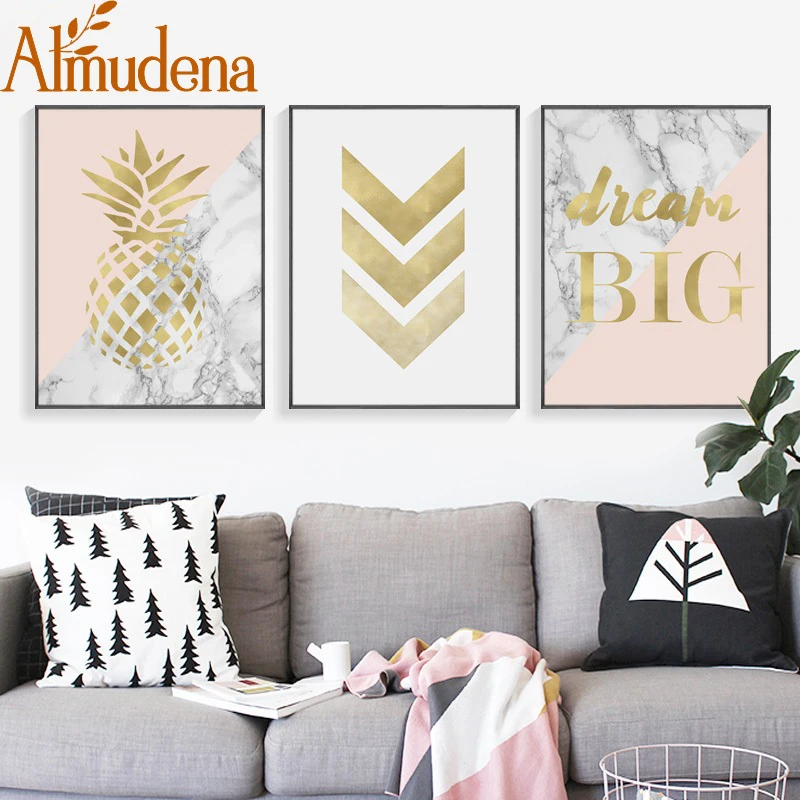 

ALMUDENA Nordic Canvas Wall Art Painting Gold Flamingo Posters And Print Pineapple Picture For Living Room Decorations No Framed