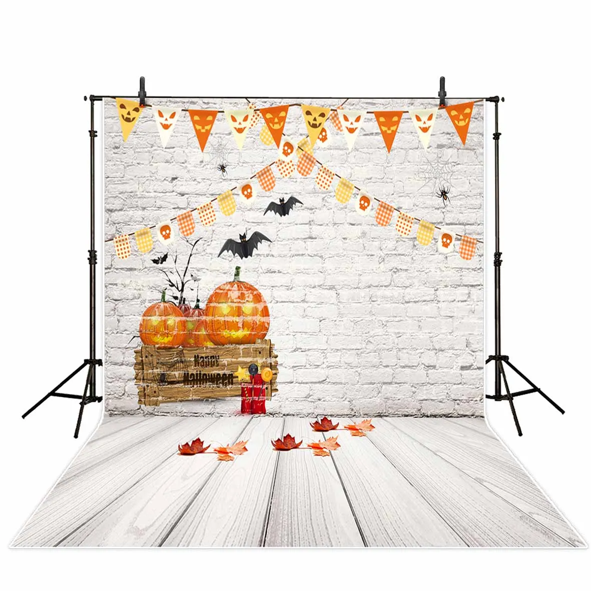 Allenjoy Хэллоуин фон для детей Тыква белая кирпичная стена деревянный пол летучие